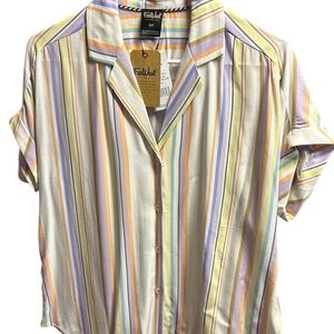 Women's Button-Down Striped Shirt - Pastel Yellow, orange & Lavender. Size S